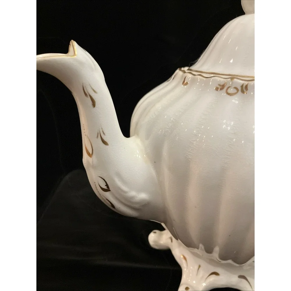 Antique Staffordshire England 6 Footed Porcelain & Stoneware Teapot White Gold